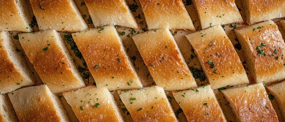 High fidelity food photography garlic bread arranged herringbone in a cozy kitchen