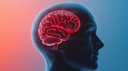 close up view of human head silhouette with glowing brain , showcasing neural connections and vibrant colors