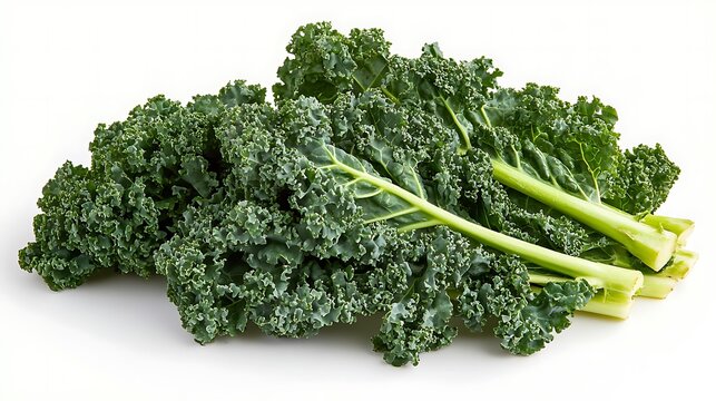 Close-up capturing kale arranged on a clean white background, subtle textures visible, balanced soft lighting emphasizing natural hues 