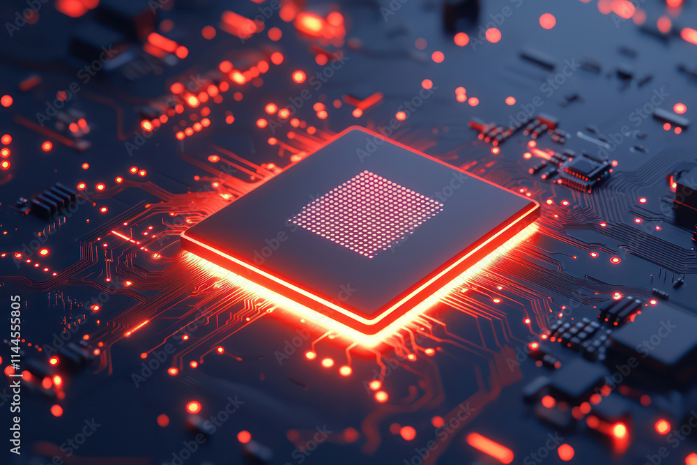 Poster futuristic computer chip glowing with red lights on circuit board, showcasing advanced technology an