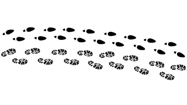 Human footprint 4K video. Black trace of foot prints of person in boot and sneaker. Walk loop animation, graphic motion. Step by step footage animation, video on white background.
