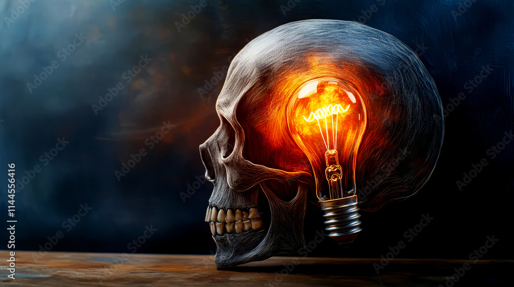 Poster skull with glowing light bulb inside symbolizing ideas and creativity in dark background
