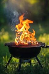 Outdoor grill with vibrant flames in a backyard setting during a sunny day