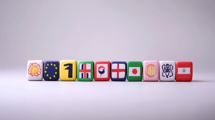 Colorful Toy Blocks Featuring Various International Flags and Symbols, Displayed on a Smooth Surface, Perfect for Educational or Creative Uses in Photography