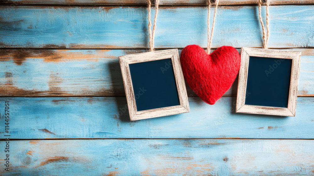 Poster colorful wooden background with empty frames and red heart decoration for creative concepts
