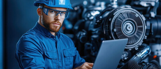 mechanic in blue shirt and helmet inspects engine using laptop, showcasing focused expression in modern workshop