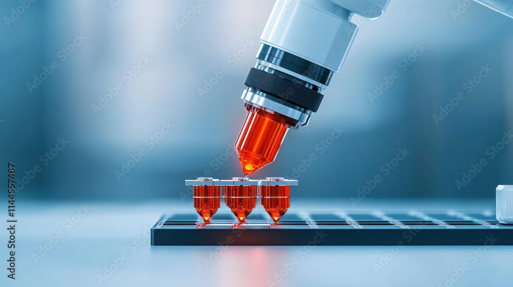 Poster high tech microscope analyzing samples with red liquid in laboratory