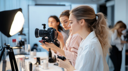 Group of young women engaged in professional photography at a creative workspace during a product shoot