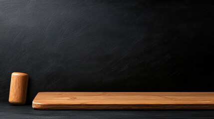 A rustic wooden rolling pin rests beside a smooth wooden board against a dark backdrop, highlighting kitchen essentials for baking and cooking.