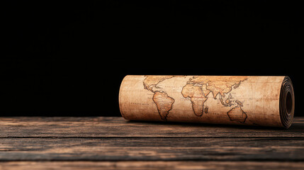 Ancient rolled up map on wooden table, showcasing world geography details