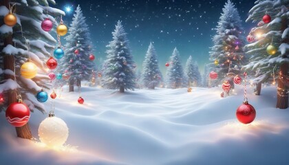 Enchanting Christmas Decorative Landscape: Snowy Scene with Festive Lights, Trees, and Holiday Charm