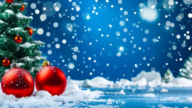 Red balls decoration and green Christmas tree on dark blue snowy snine background. Winter template, banner concept for Christmas, New Year and sale season. Web card and backdrop with space for text