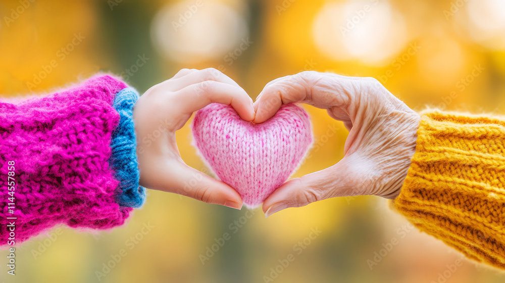 Poster heartwarming connection between generations with knitted heart in autumn setting