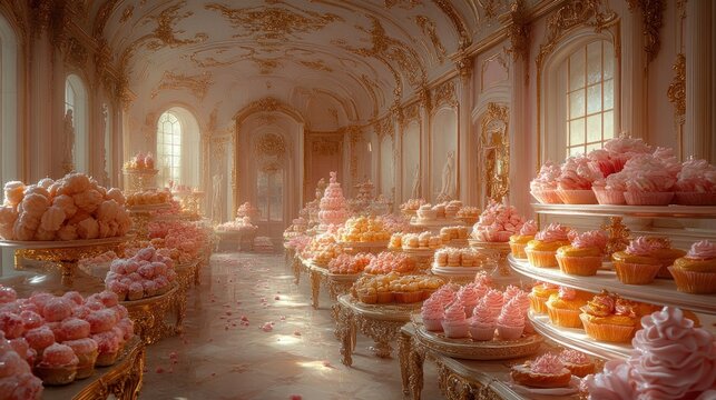 A lavish dessert display in an ornate room filled with various cakes and pastries. - Powered by Adobe