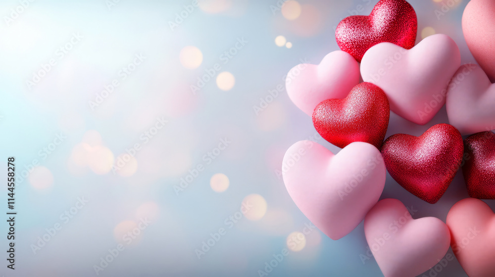 Poster assorted hearts in various colors on a soft background with bokeh lights effect