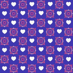Valentine’s Day seamless pattern design, white and pink hearts with rhombus in flowery composition.