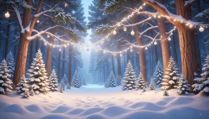 Enchanting Christmas Decorative Landscape: Snowy Scene with Festive Lights, Trees, and Holiday Charm