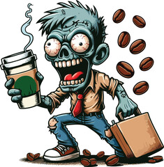 Obraz premium Zombie Office Worker: A cartoon zombie, with a briefcase and cup of coffee, stumbles through the day, fueled by caffeine and a desperate need to survive. The undead, but still in the rat race. 