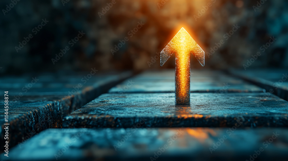 Poster glowing arrow pointing upwards on textured surface representing growth and progress