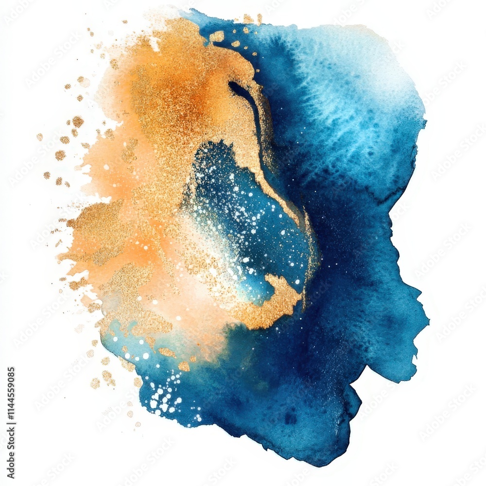 Poster abstract fluid art in blue and gold with dynamic textures and patterns