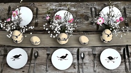 elegant easter dinner table decor with gold-trimmed eggs, fresh flowers, and vintage cutlery – perfect for a decorative poster or interior design inspiration.