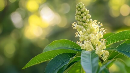Fototapeta premium Close up of white flowers and green leaves on blurred background