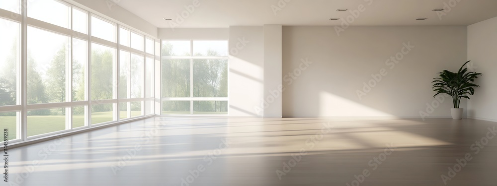 Poster Contemporary Spacious Room with Expansive Windows Overlooking Greenery : Generative AI