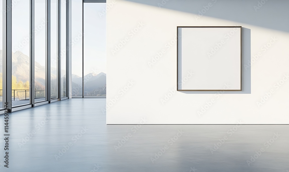 Poster minimalist interior with large canvas and mountain view through expansive glass walls : generative a