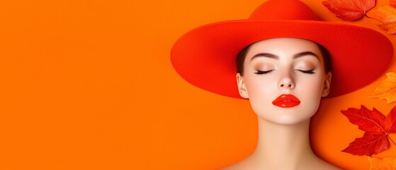 Autumn Beauty  Woman in Red Hat  Orange Background  Fall Leaves