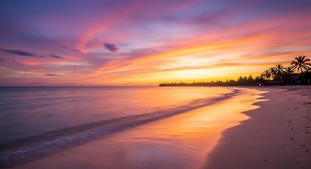 A serene beach at sunset with golden skies and soft waves