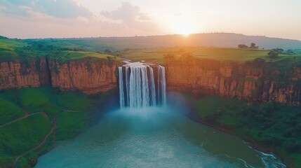 Serene waterfall cascading into a tranquil lake at sunset.