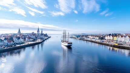 Naklejka premium Tall ship sailing into a picturesque harbor town on a sunny day.