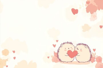 A simple line drawing of two hedgehogs holding a heart. valentine's day card