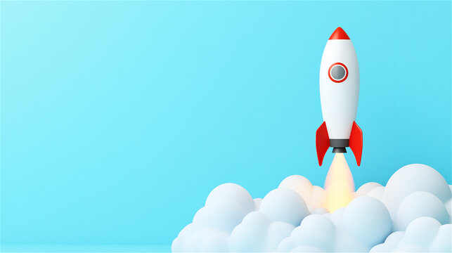 Illustration of a red rocket launching against a blue sky with soft clouds, symbolizing innovation, ambition, and exploration, with ample copy space.