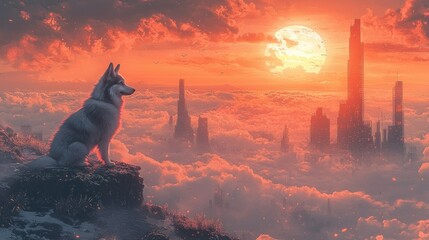 A wolf gazes at a sunset over a futuristic cityscape.