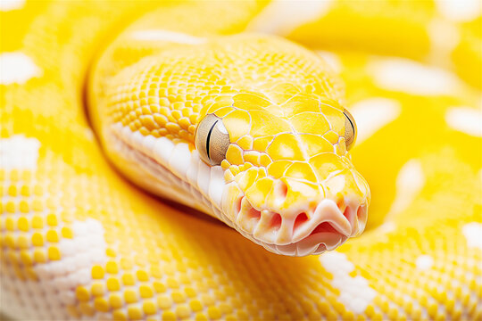 Close-up of a yellow albino python with vibrant scales, emphasizing texture and detail of the snake's skin. Exotic wildlife and reptile concept.