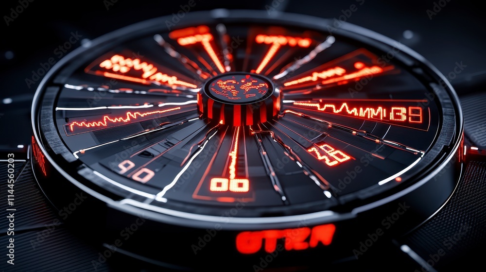 Poster a futuristic, circular interface with glowing red elements, displaying numerical and wave patterns, 