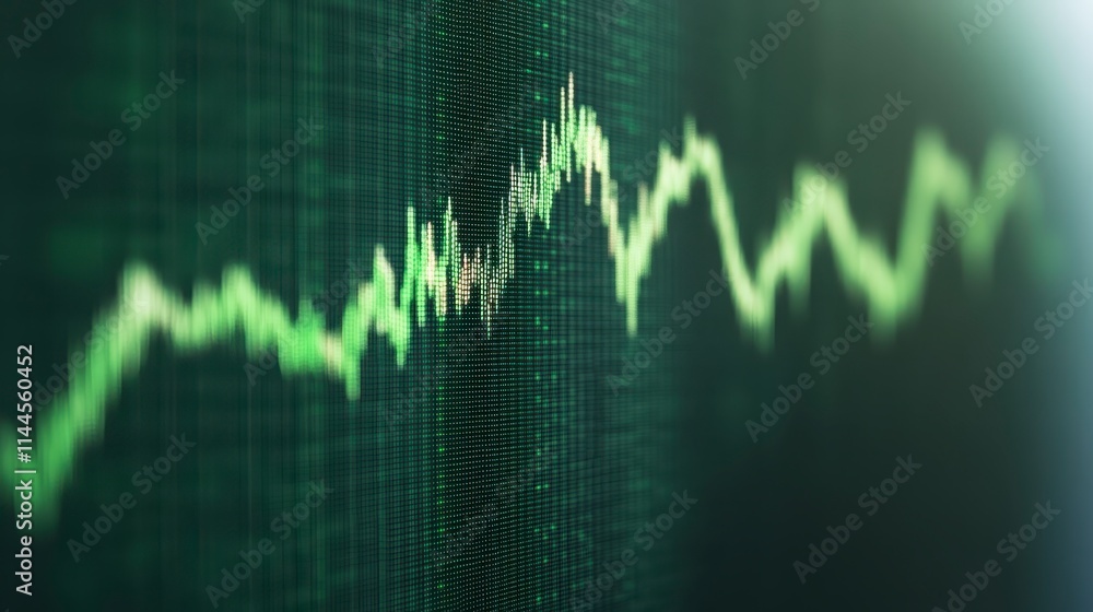 Poster a close-up view of a fluctuating green line on a digital screen, representing data trends or financi