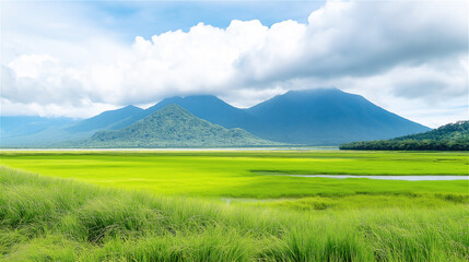A picturesque view of a lush green field and a majestic mountain under a serene blue sky. Nature's tranquility and beauty captured in a stunning landscape.