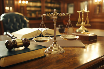 A legal desk setup with scales of justice, gavel, and law books in a warm-lit traditional office. Represents law, justice, and legal authority.