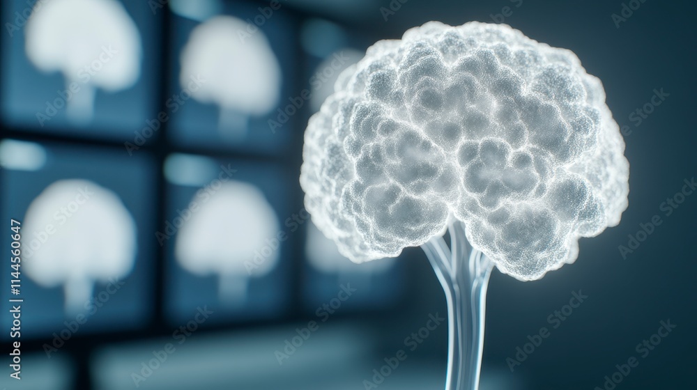 Poster a digital representation of a brain, with glowing neural connections, set against screens displaying