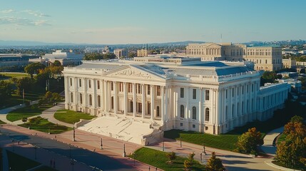 Obraz premium A grand building with classical architecture and landscaped grounds.