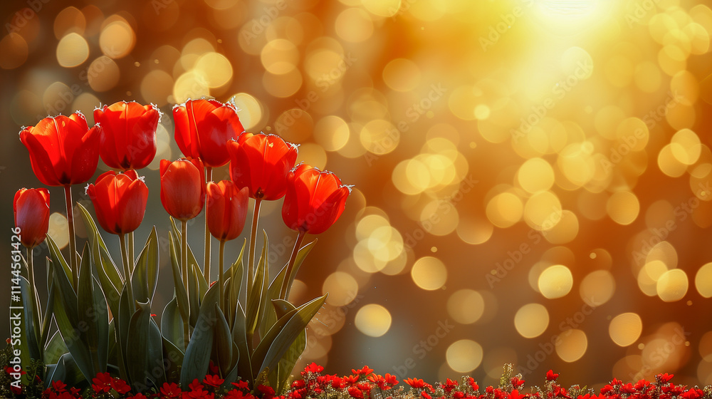 Poster vibrant red tulips with golden bokeh background..