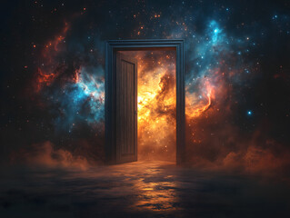 Fototapeta premium A Simple Plain Wooden Door Standing in the Middle of Space - Minimalist and Isolated Design