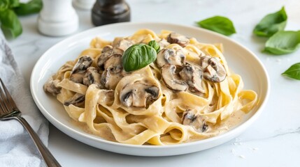 Creamy fettuccine pasta with mushrooms and basil served on a white plate with a simple table setting ideal for a