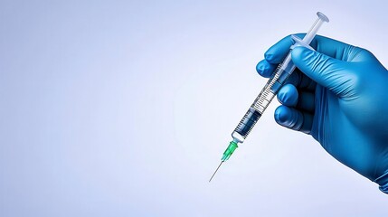 A gloved hand holds a syringe filled with a green liquid, symbolizing medical procedures, vaccinations, or health care.