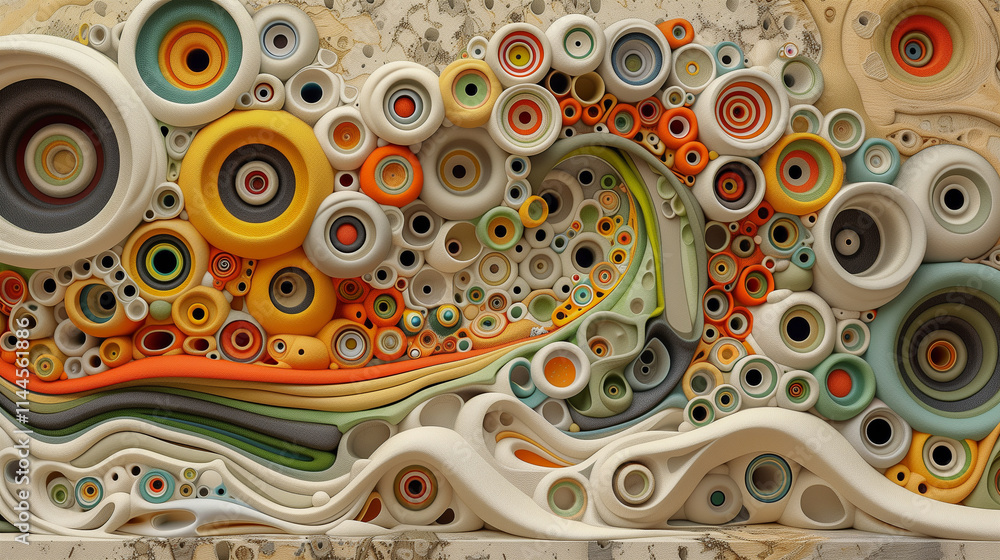Poster colorful abstract 3d circular patterns and waves
