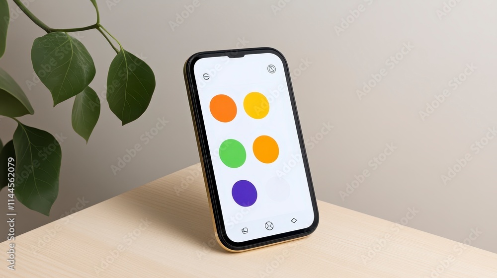 Aufkleber a smartphone displaying colorful circular icons on its screen, placed on a wooden surface with a gre
