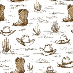 hyper realistic photo of  Hand drawn seamless pattern with brown cowboy boots, western toile neutral design