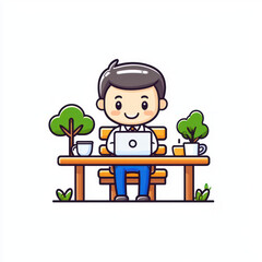 cheerful man working on laptop at park bench surrounded by trees and plants
